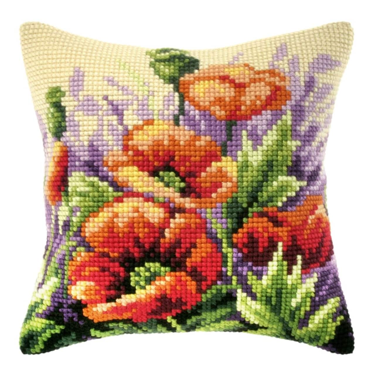 Orchidea Needlepoint Kit Cushion - Printed Canvas Poppies On Meadow